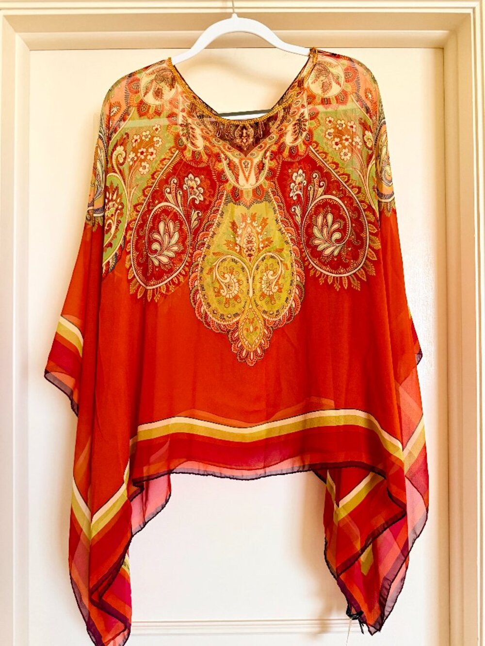 NWT Etro Sheer Silk Chiffon Paisley Kaftan Blouse Beaded Tassel Tie Size L